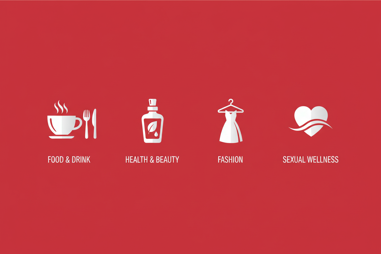 i want a red backround with icons of food & drink, health & beauty, fashion and sexual wellness all in ine photo